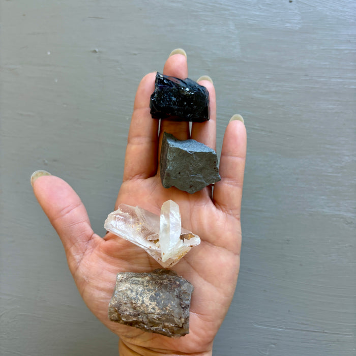 Raw Crystal Set: 4 Opal, Hematite, Black Obsidian & Quartz