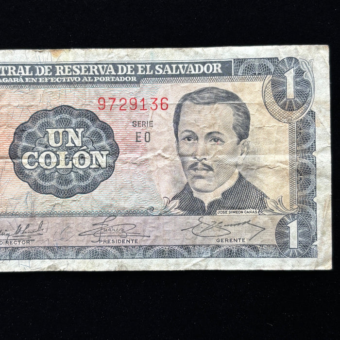 Vintage Banknote 1972 El Salvador 1 Colon Watermark Latin American Currency