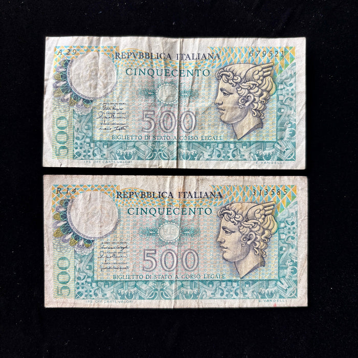 Vintage Banknote 1970s Set Italy 500 Lire Mercury Aretusa Lot 2 Italian History