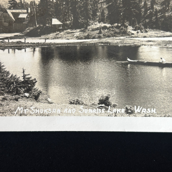Vintage Postcard RPPC Canoe Shuksan Sunrise Lake Rustic Historic Mountain Lodge