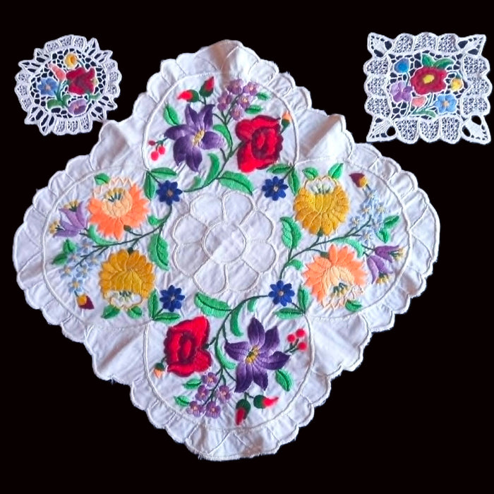 Vintage Hungarian Kalocsa 3pc Set Topper & Doilies Hand Embroidered Richelieu Lace 1970s