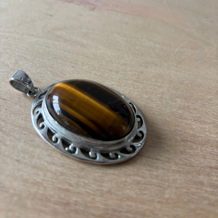 Tigers Eye Pendant Oval Gemstone Filigree Boho
