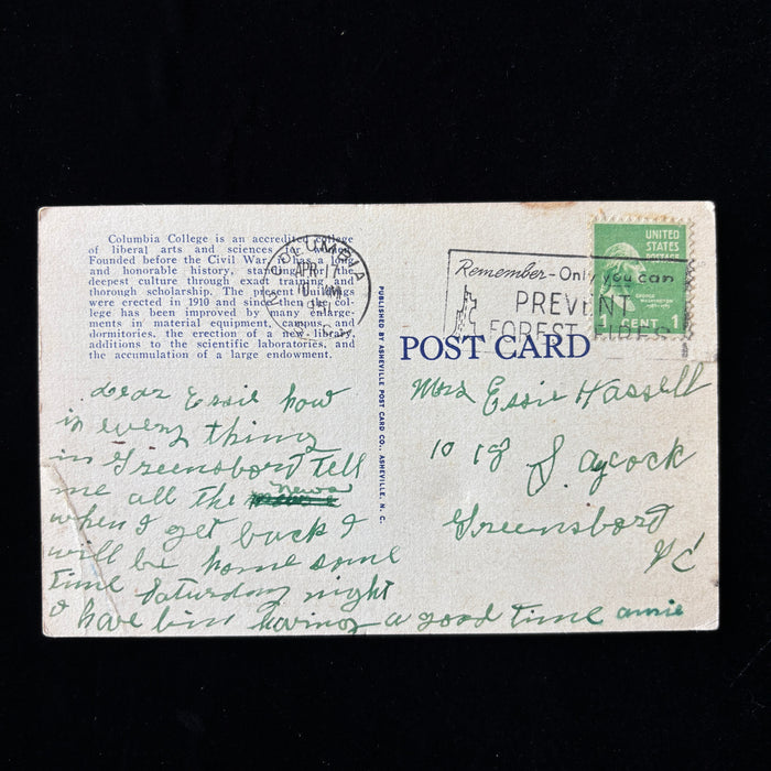 Vintage Postcard 1951 Columbia College South Carolina Linen Smokey Bear Slogan
