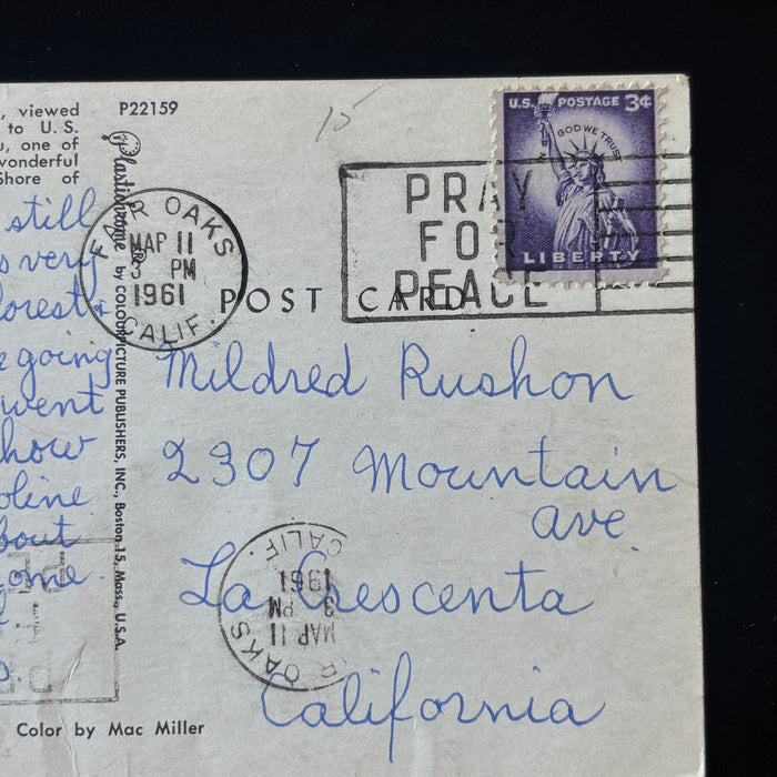 Vintage Postcard 1961 Lake Tahoe El Dorado County Beach Pray For Peace Cancel CA