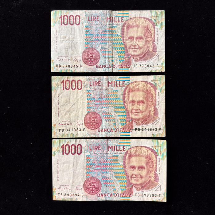 Vintage Banknote 1990s Set 3pc Italian 1,000 Lire Maria Montessori Education Lot