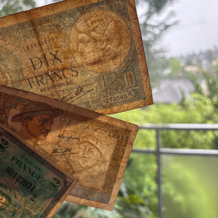 Vintage Banknote Set WWII France Allied 2 & 10 Francs Goddess Miner Lot 3 Pcs