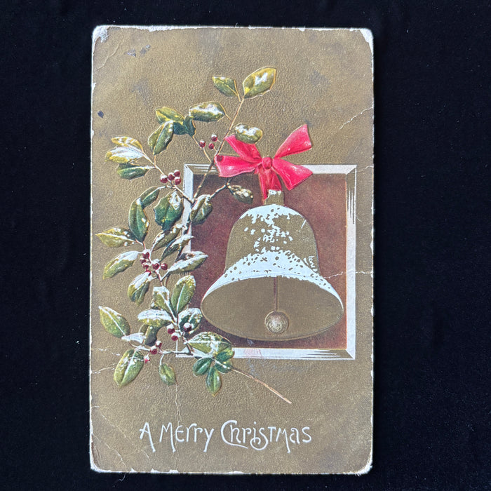 Antique Postcard 1911 Christmas Bell Gold Embossed Denmark Wisconsin Jensen