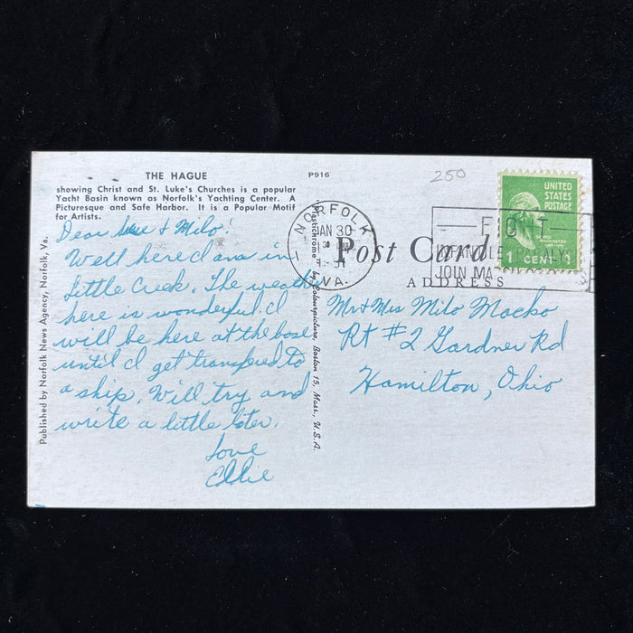 Vintage Postcard 1951 The Hague Norfolk VA Creek Navy Womens Military History