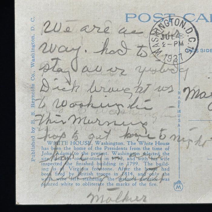 Vintage Postcard 1937 Air Mail Saves Time Slogan White House Washington DC