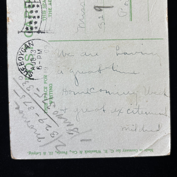 Antique Postcard 1909 Homecoming Sheboygan Wisconsin Horseshoe Bend Flag Cancel