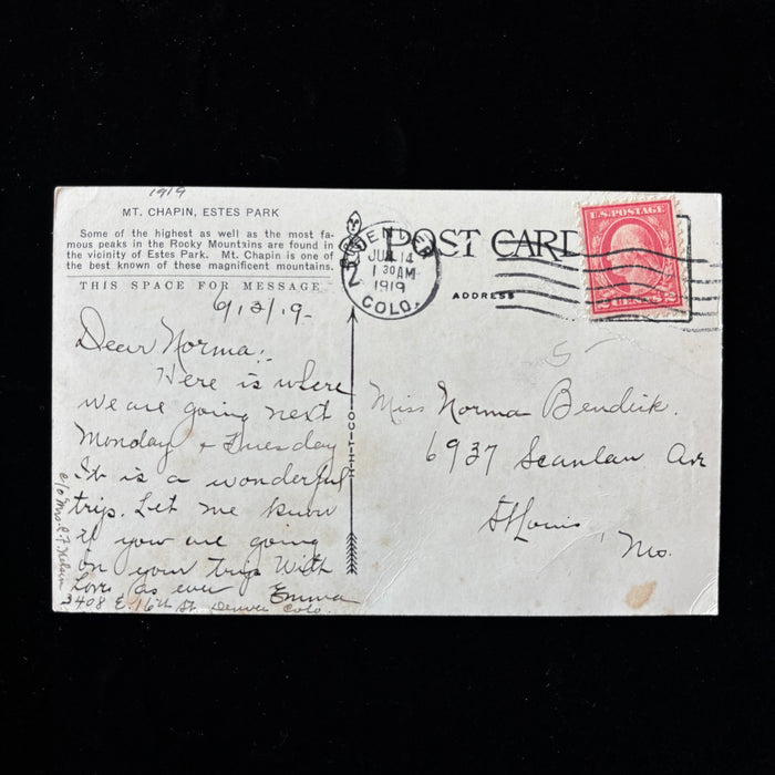 Antique Postcard 1919 Denver Colorado St Louis Mt Chapin Estes Park Rocky Mtns