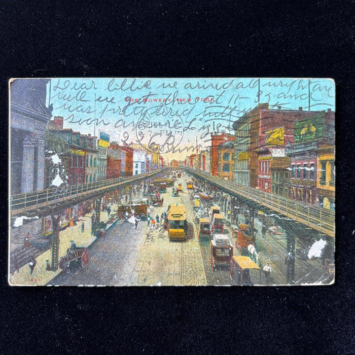 Antique Postcard 1907 NYC Bowery Trolley Horse Cart Manhattan Street Life