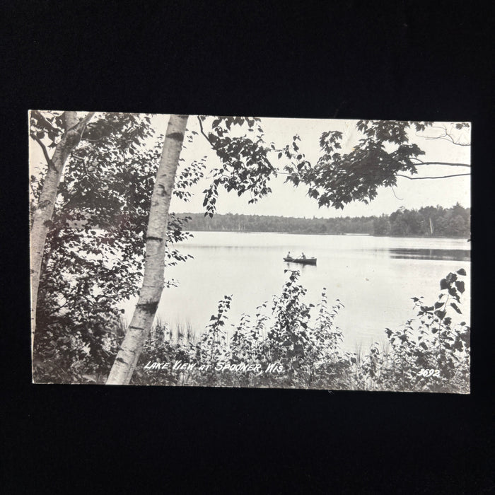 Vintage Postcard RPPC Boat Lake View Spooner Wisconsin Fishing Peaceful Birch