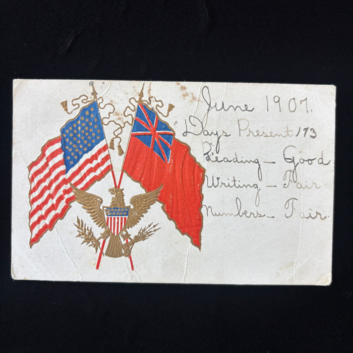 Vintage Postcard 1907 Patriotic Embossed Flags Eagle Knauss School Report Card