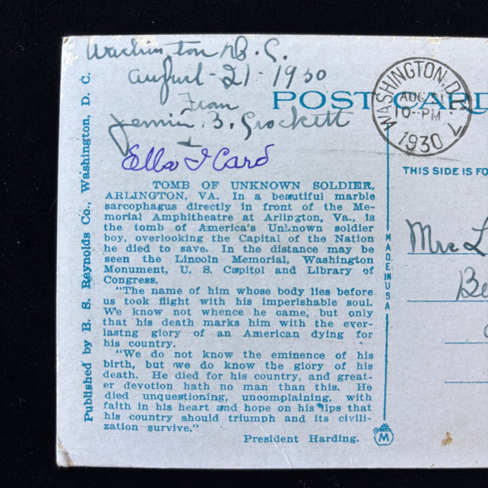 Vintage Postcard 1930 Washington DC Tomb Unknown Soldier Air Mail Saves Time Cancel