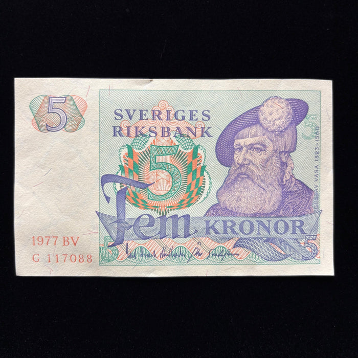 Vintage Banknote Sweden 5 Kronor 1977 King Gustav Vasa Rooster Currency Art