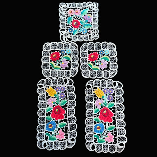 Decorative floral design hungarian richelieu kalocsai doily set of 5 floral handmade pieces