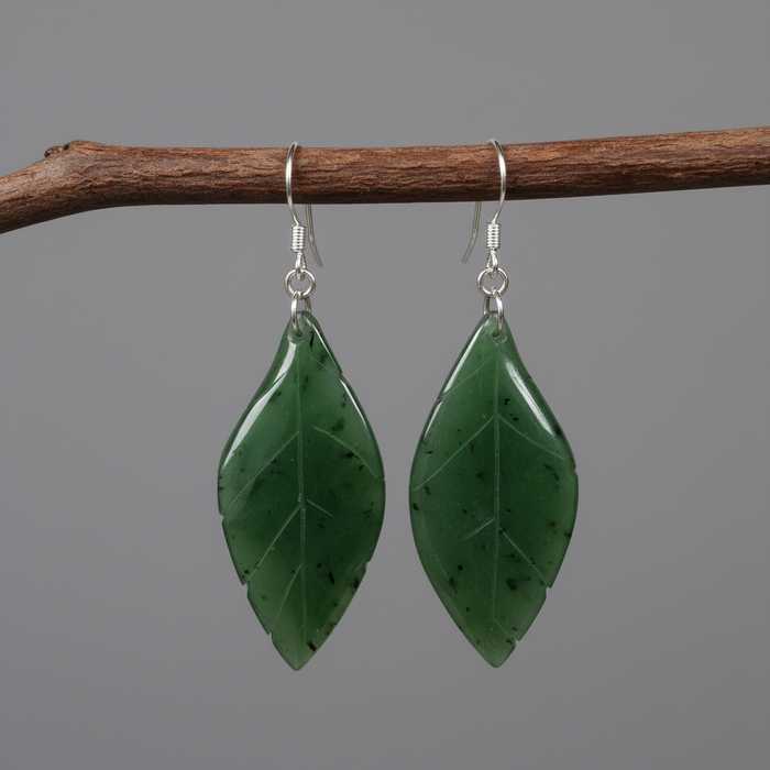 Jade Earrings Green Leaf Canadian Nephrite Sterling Silver