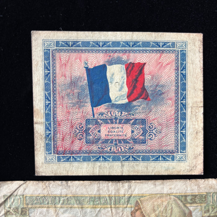 Vintage Banknote Set WWII France Allied 2 & 10 Francs Goddess Miner Lot 3 Pcs