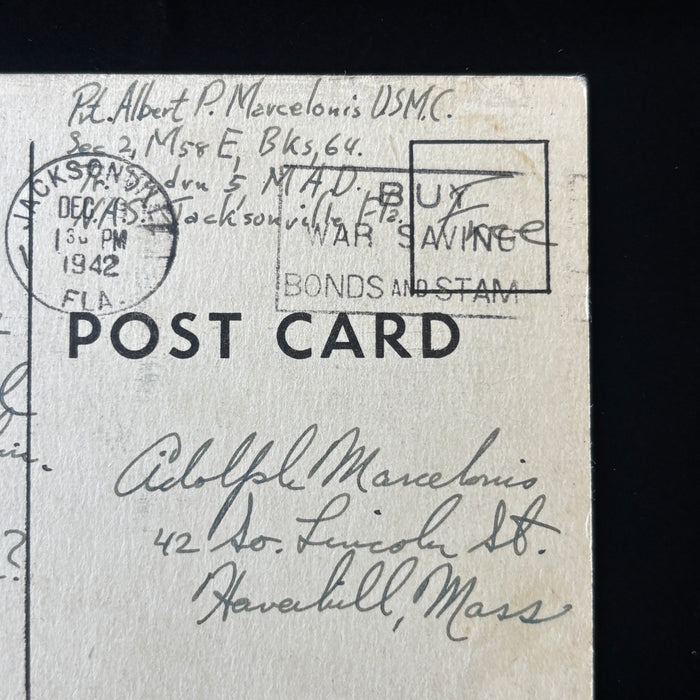 Vintage Postcard 1942 WWII Soldier Mail Marine USMC Jacksonville FL USO Catholic