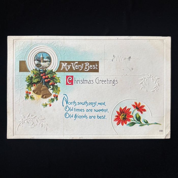 Antique Postcard 1910s Christmas Greetings Embossed Bells Snow Village Ballsville VA