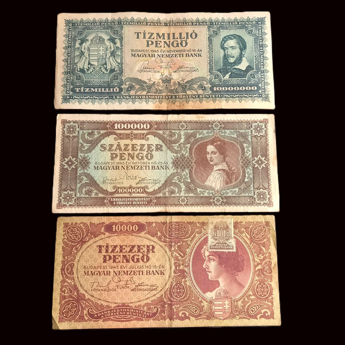 Vintage Banknote 1945 Hungary 10K Stamped, 100K, 10M Pengő Currency Progression Set