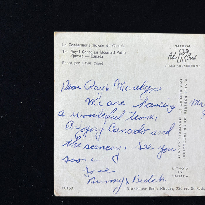 Vintage Postcard 1957 RCMP Mounties Quebec Chateau Frontenac Ste Anne Cancel