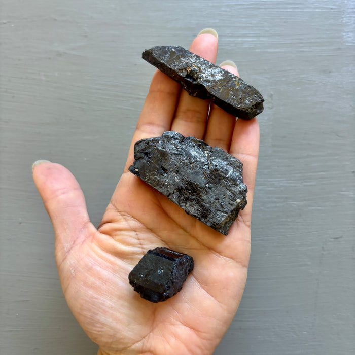 Raw Crystal Set: 7 Galena, Clear Quartz & Black Tourmaline