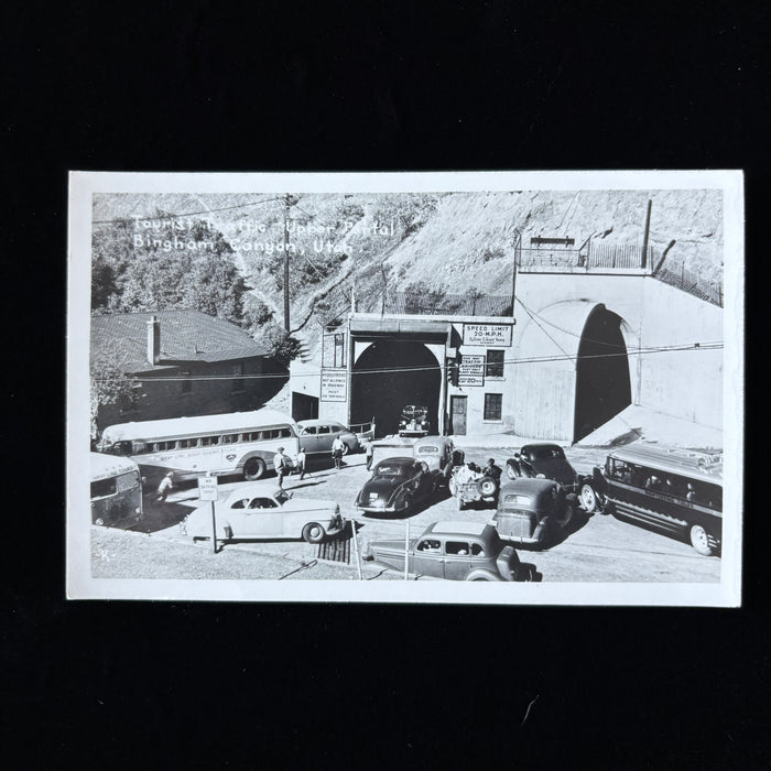 Vintage Postcard Lost Landmark RPPC Bingham Canyon Utah Cars Tour Buses Tunnel