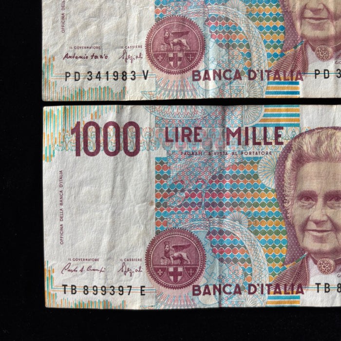Vintage Banknote 1990s Set 3pc Italian 1,000 Lire Maria Montessori Education Lot