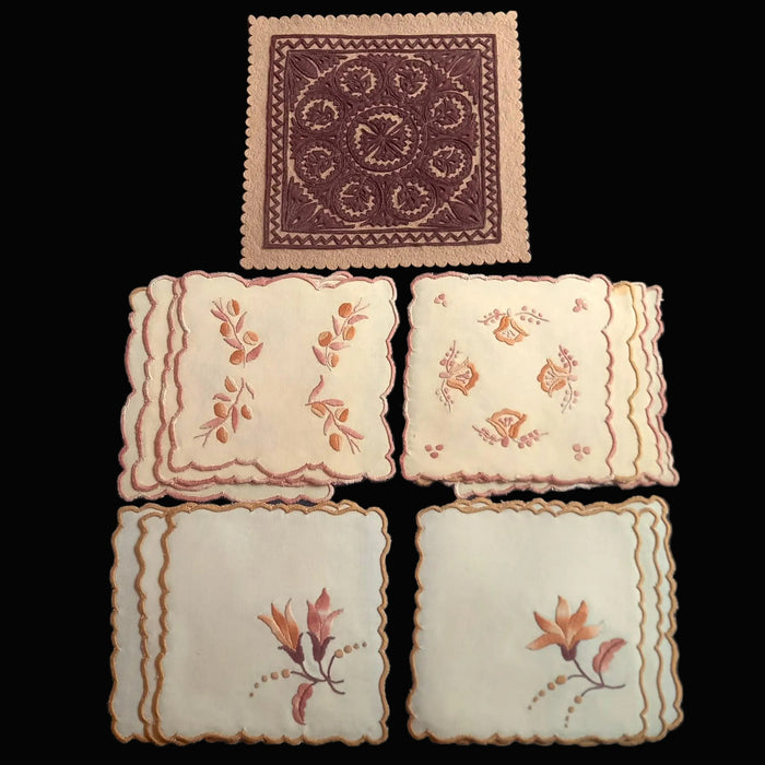 Vintage Hungarian Folk Art 15pc Set Rustic Doilies & Felt Mat Hand Embroidered Decor 1970s