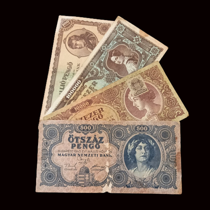 Vintage Banknote Set 1945-46 Hungary Pengő 4pc Rare Error, Stamp 047047 WWII Money