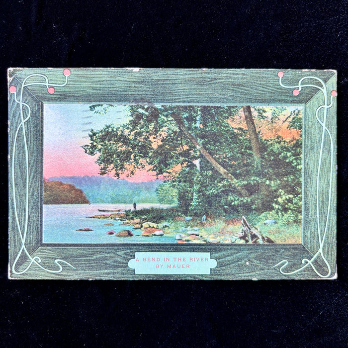 Antique Postcard 1909 Art Nouveau Bend In The River Mauer Brooklyn NY Canoe Man