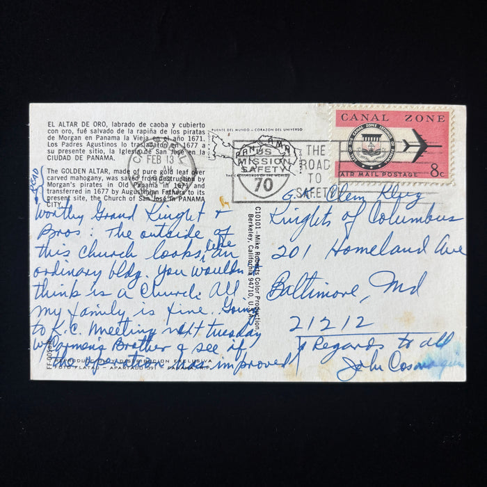 Vintage Postcard 1969 Knights of Columbus Panama Gold Altar Church Canal Zone