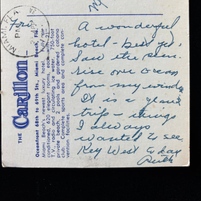 Vintage Postcard 1960s Ice Water Carillon Hotel Miami Beach FL MiMo Architecture