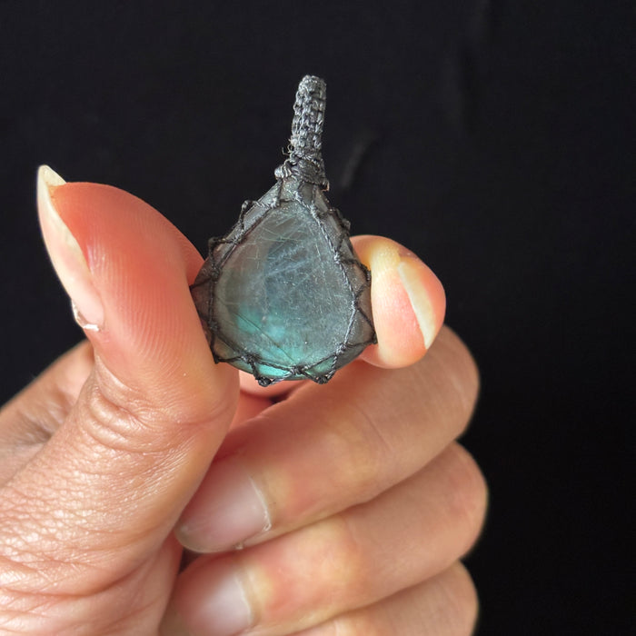 Labradorite Pendant Macrame Blue Flash Teardrop Charm