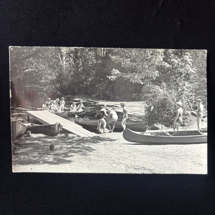 Vintage Postcard 1950s RPPC Canoes Cygnus Cepheus Nod Summer Camp Women Swimsuit
