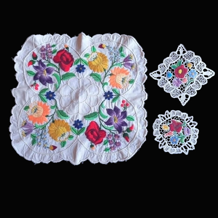 Vintage Hungarian Kalocsa 3pc Set Topper & Doilies Hand Embroidered Richelieu Lace 1970s