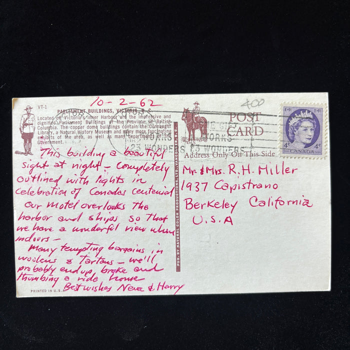 Vintage Postcard 1962 Victoria BC Parliament Bldg Queen Elizabeth Slogan Cancel