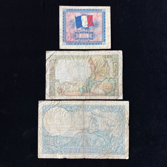 Vintage Banknote Set WWII France Allied 2 & 10 Francs Goddess Miner Lot 3 Pcs