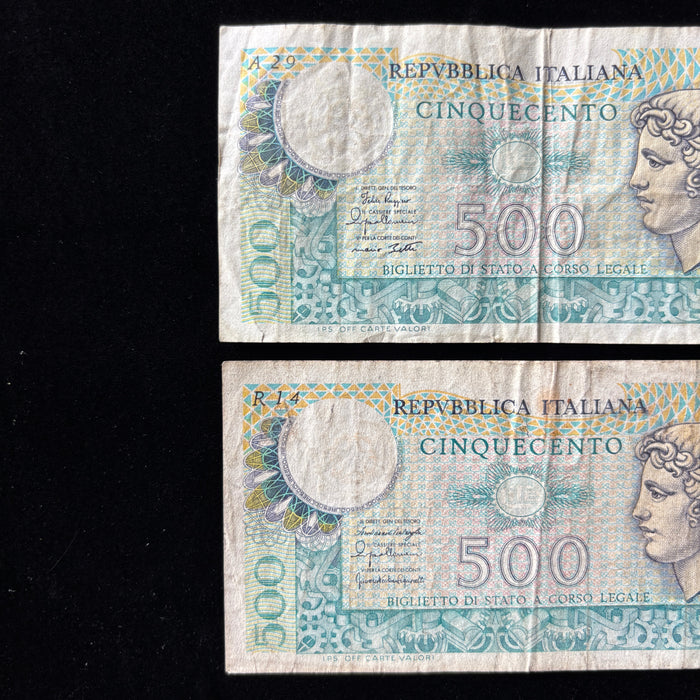 Vintage Banknote 1970s Set Italy 500 Lire Mercury Aretusa Lot 2 Italian History