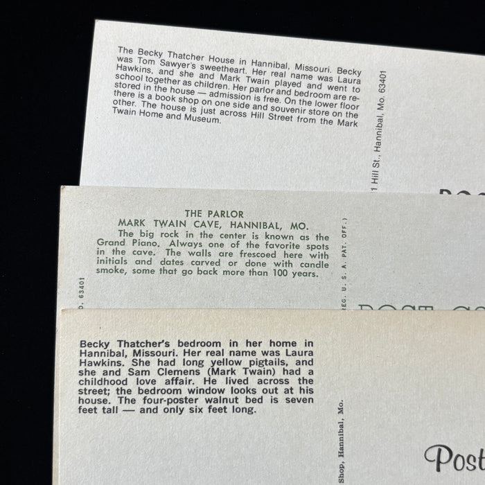 Vintage Postcard Lot 3 Literary Hannibal MO Mark Twain Cave Becky Thatcher House