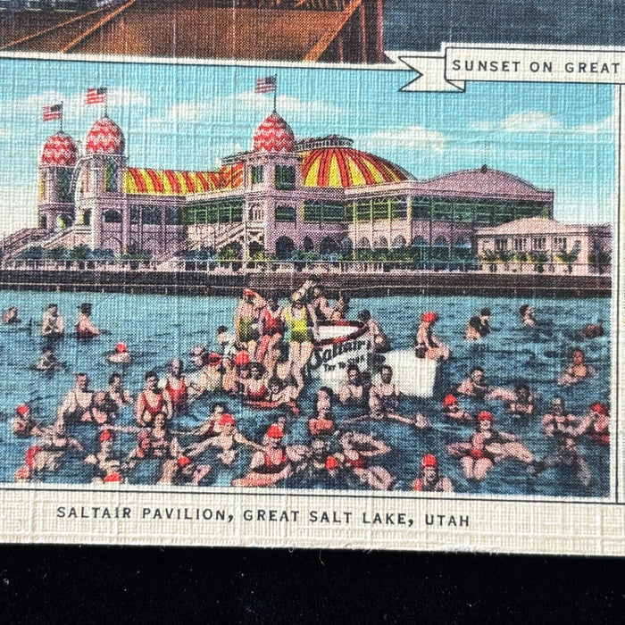 Vintage Postcard 1937 Great Salt Lake Utah Saltair Pavilion Float Sunset Trolley