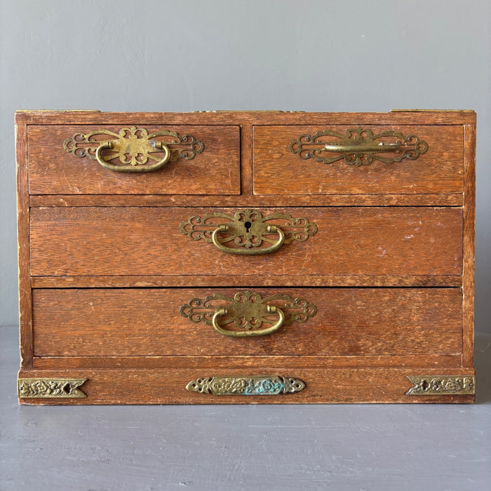 Vintage Asian Wood Jewelry Box Chest Crystal Storage