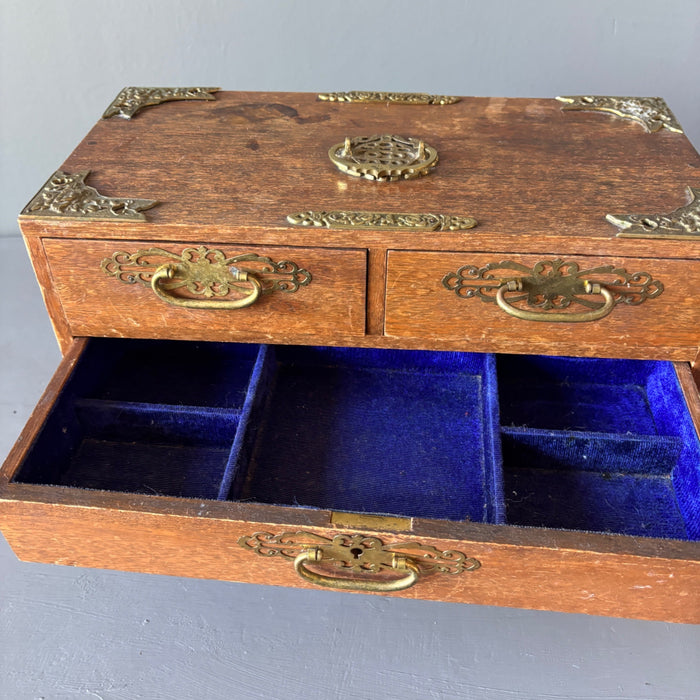 Vintage Asian Wood Jewelry Box Chest Crystal Storage