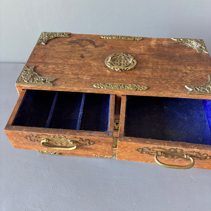 Vintage Asian Wood Jewelry Box Chest Crystal Storage