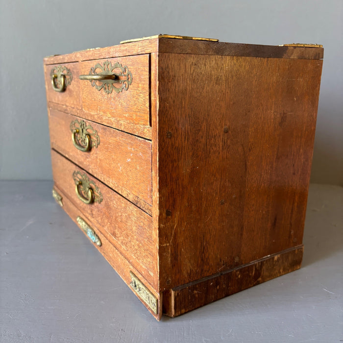Vintage Asian Wood Jewelry Box Chest Crystal Storage