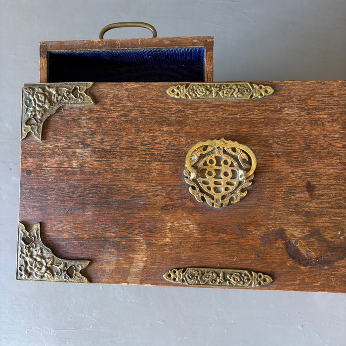 Vintage Asian Wood Jewelry Box Chest Crystal Storage