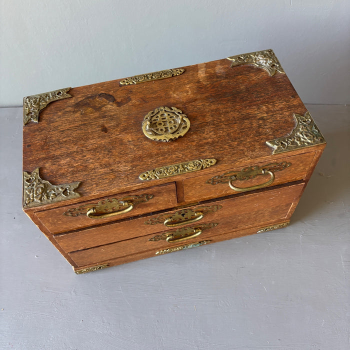 Vintage Asian Wood Jewelry Box Chest Crystal Storage
