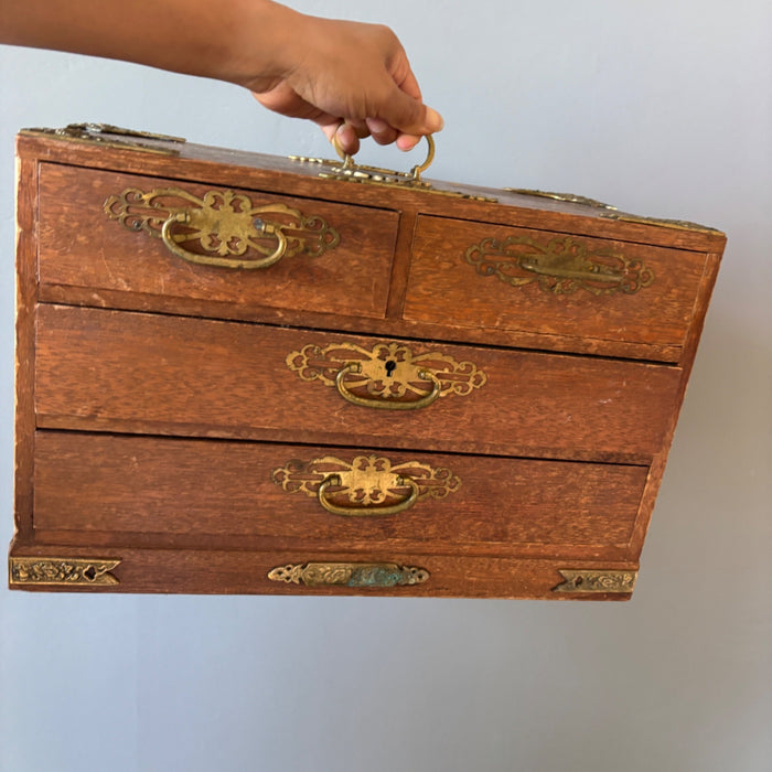 Vintage Asian Wood Jewelry Box Chest Crystal Storage